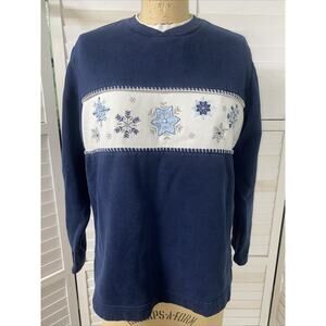 Vintage 90s Grandma Sweatshirt Blue Winter Women’s Long Sleeve Embroidery Large